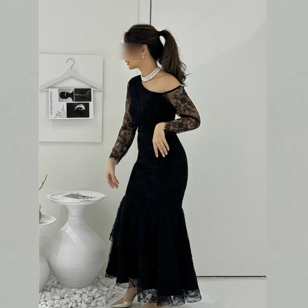 Prom Dress Evening Saudi Arabia Lace Applique Ruched Beach A-line One-shoulder Bespoke Occasion Gown Midi Dresses