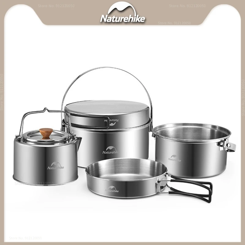 Naturehike 3-in-1 Stainless Steel Cookware Set Camping Nesting Storage Tableware Pots & Cooking Sets Outdoor Picnic Cookware