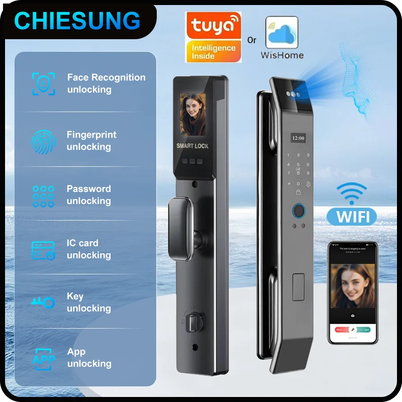 CHIESUNG 3D Face Door Lock with Temporary Password Electronic Key IC Card APP Unlock Fingerprint Locks Safety lock
