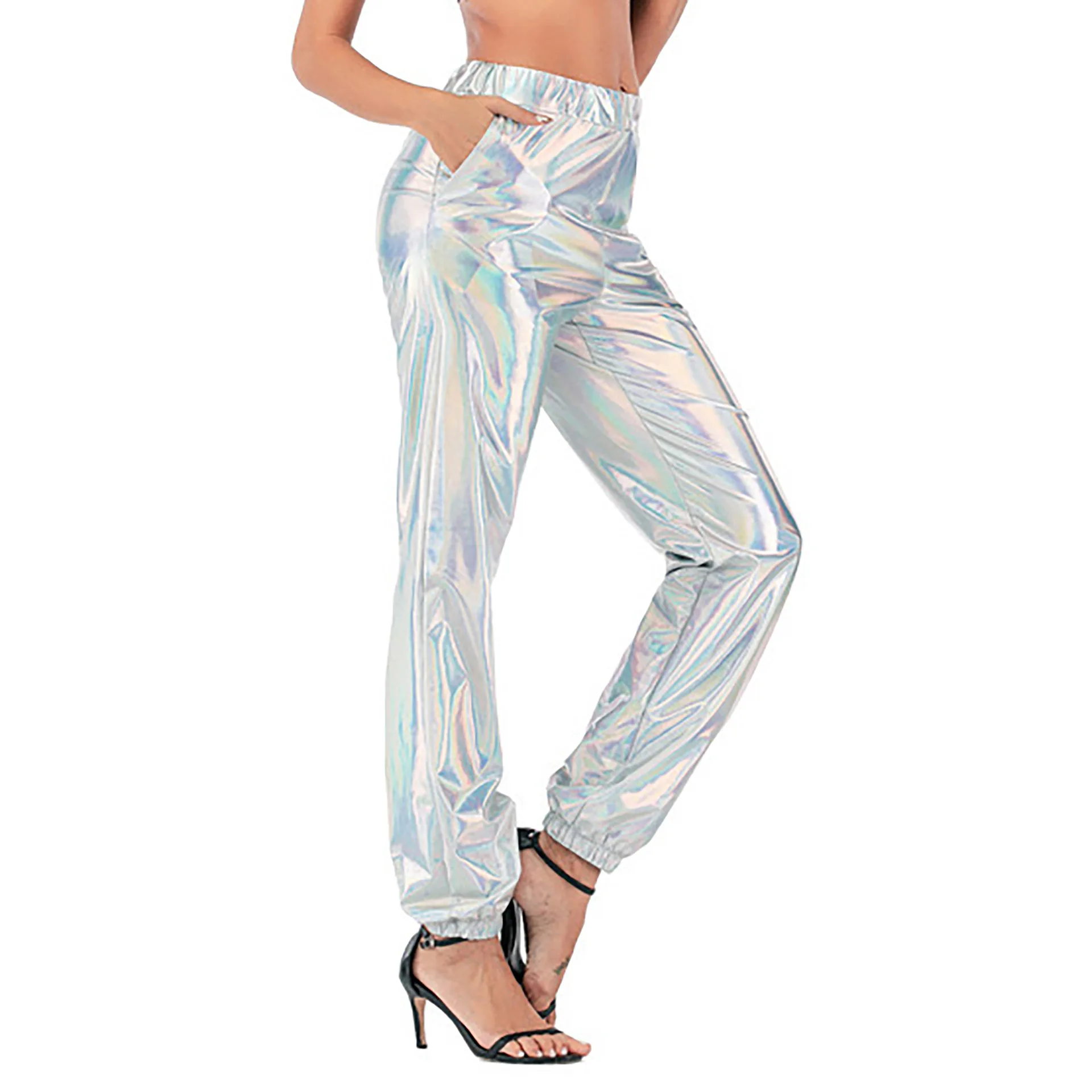 Women Shiny Holographic Pants Loose High Waist Metallic Trousers Dance Performance Hip Hop Pants Streetwear Joggers
