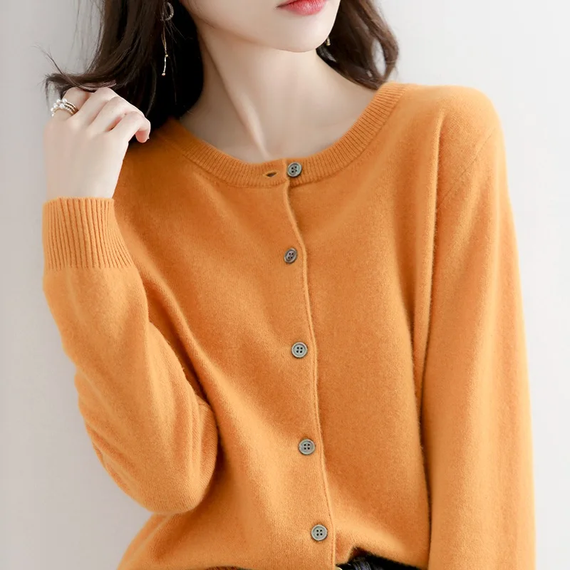 

New Round Neck Knitted Age-Reducing Long Sleeve Sweater Cardigan Women's Base Shirt