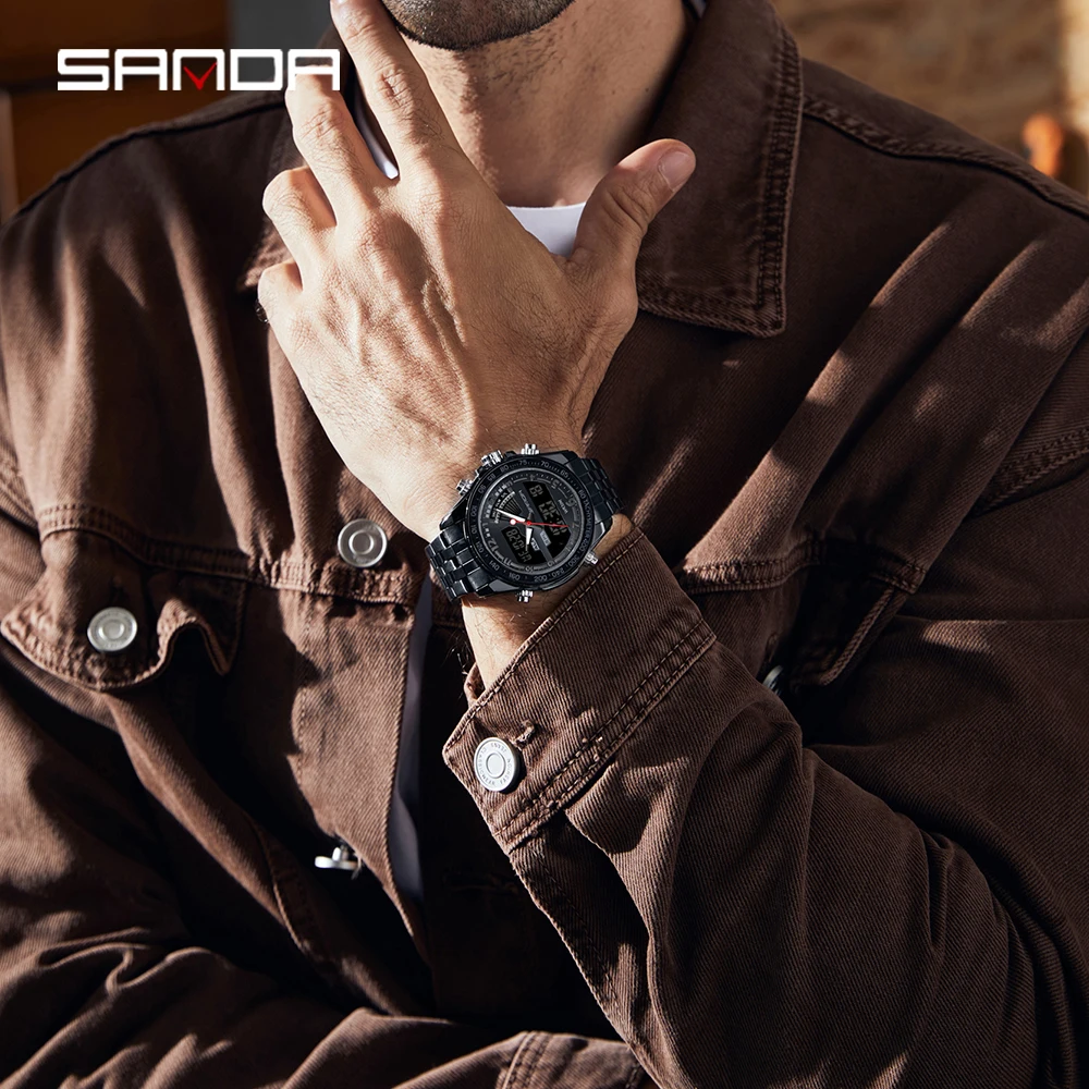 ساعة SANDA 3307 للرجال عصرية وأنيقة ومتعددة الوظائف كوارتز إلكترونية دائرية للأعمال بحزام عرض مزدوج 2025