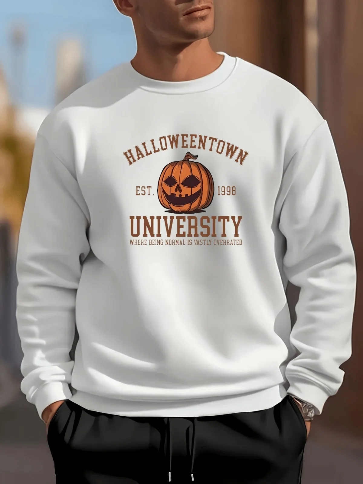 Men's Classic Crewneck Sweatshirt with Spooky Smiling Pumpkin Graphic Halloween Inspired Cozy and Stylish Pullover Sports Tops