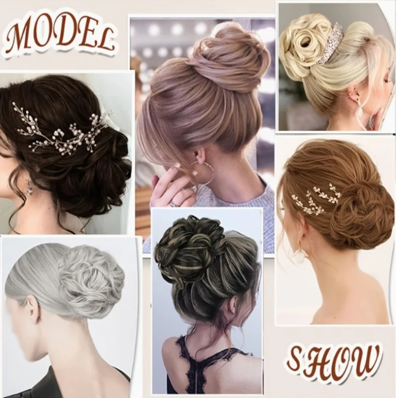 Extensiones de cabello sintético elegantes y ligeras tipo moño despeinado para mujer, moños voluminosos con ondas, fibra resistente al calor para uso diario 6