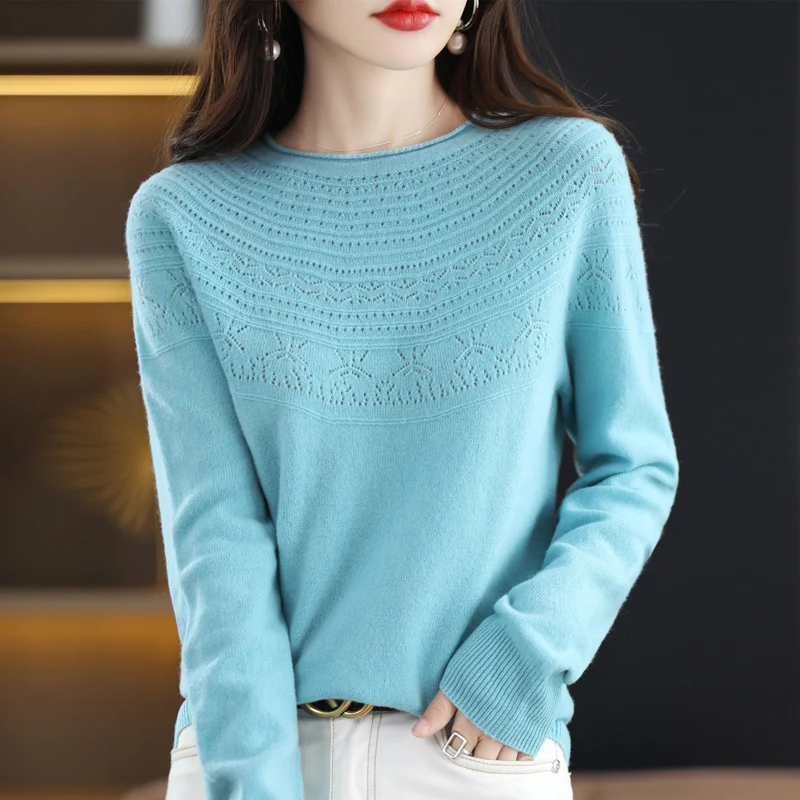 Seamless Ready-To-Wear Round Neck Sweater Women's 2022 Autumn Winter New Loose Western Style All-Match Hollow  Knitted Bottoming