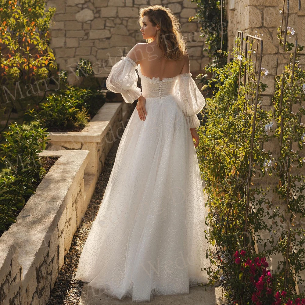 Vestido De novia brillante con escote corazón, De línea A traje De novia, manga abombada, Espalda descubierta, largo hasta el suelo