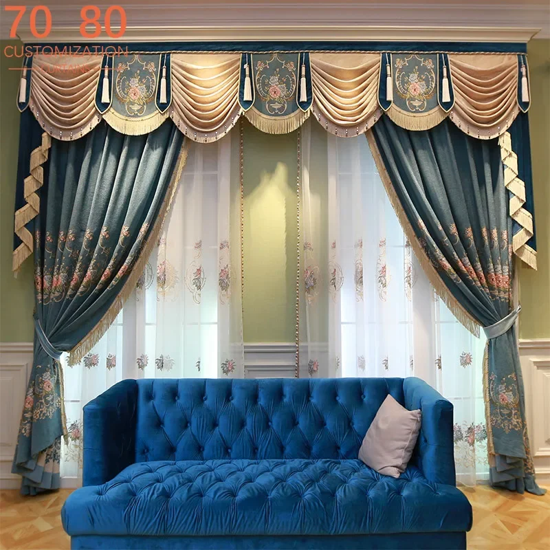 Customised Blue Jacquard Chenille Tassel Curtains for Living Room Bedroom Balcony Villa Embroidery Window Screen Valance