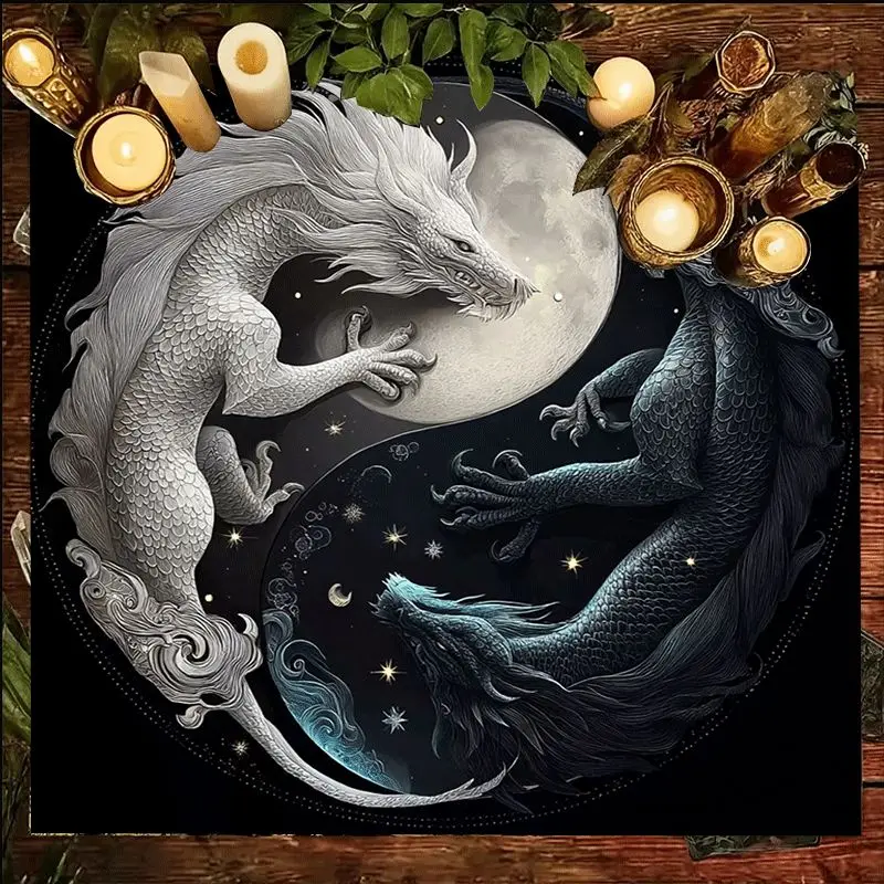Mystical Dragon and Creature Under Full Moon Black Tablecloth Square Runner for Gothic Decor Halloween Party Supplies