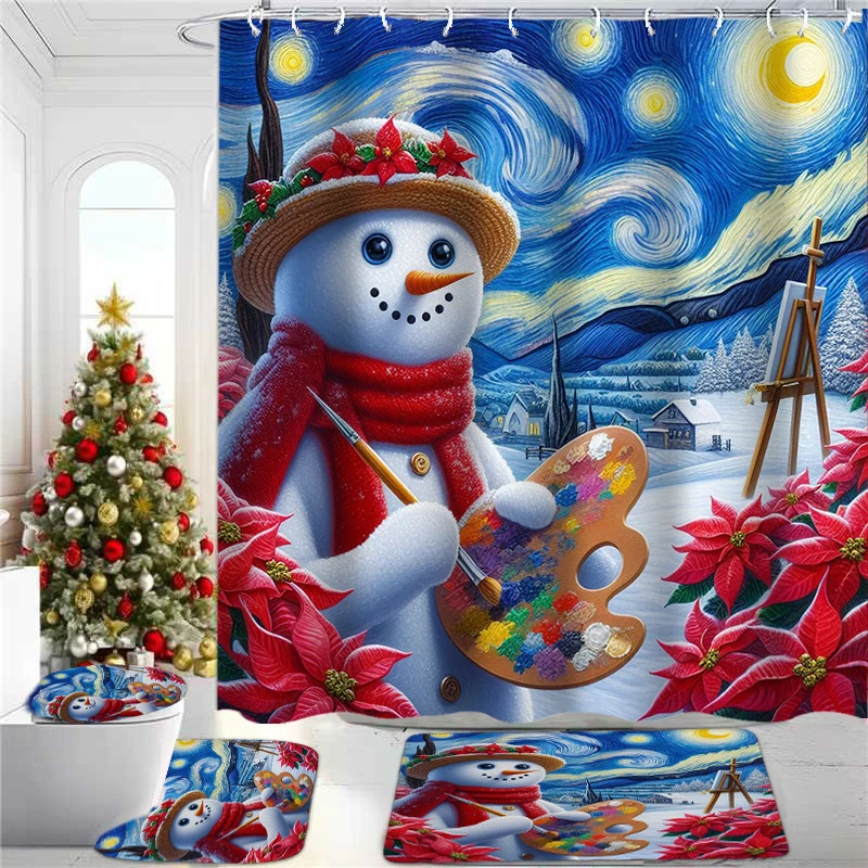 

Christmas Snowman Shower Curtain Animal Bath Sets Waterproof Non-Slip Bathroom Rug Toilet U With 12 Hooks Home Deco