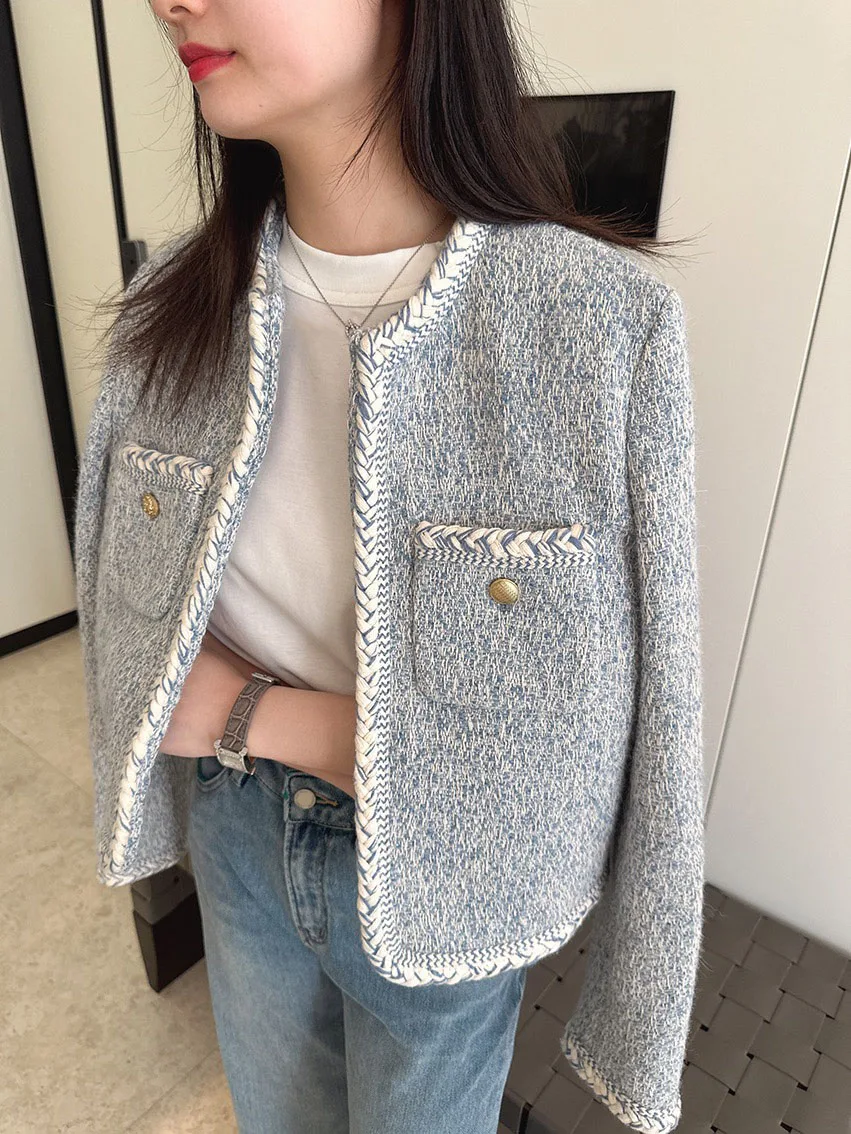 

High-end glacier blue western-style age-reducing tweed woven jacket