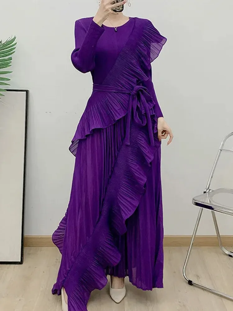 Autumn New Ruffle Maxi Pleated Dress Women Round Neck Long Sleeves Solid Belt Evening Party Dresses 2024 Fashion Clothing