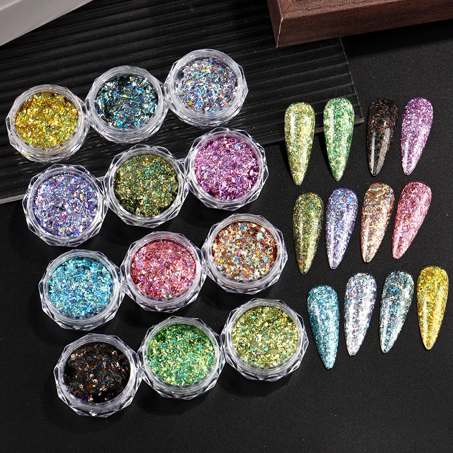 12 個不規則なホログラフィックネイルアートグリッタースパンコールキラキラネイルフレーク箔グリッターパウダーマーメイドメイクマニキュア装飾