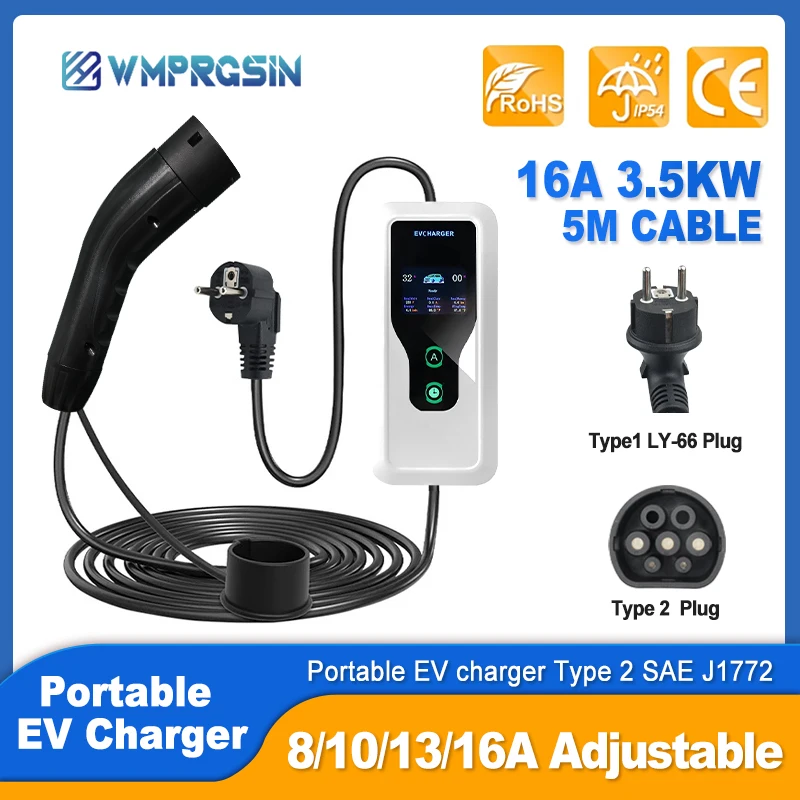 

EV Charger Black Charging Wallbox Display Screen EVSE Charge Station For Type2 LY-66-16A Plug 1P Fast Charging Cable Charger