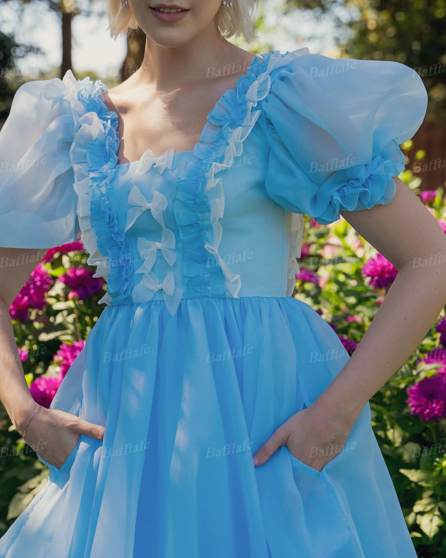 Vestidos de fiesta de graduación de manga corta de Organza azul de hadas bolsillos personalizados lazo de marfil flores plisadas vestido de fiesta para mujer vestidos de noche