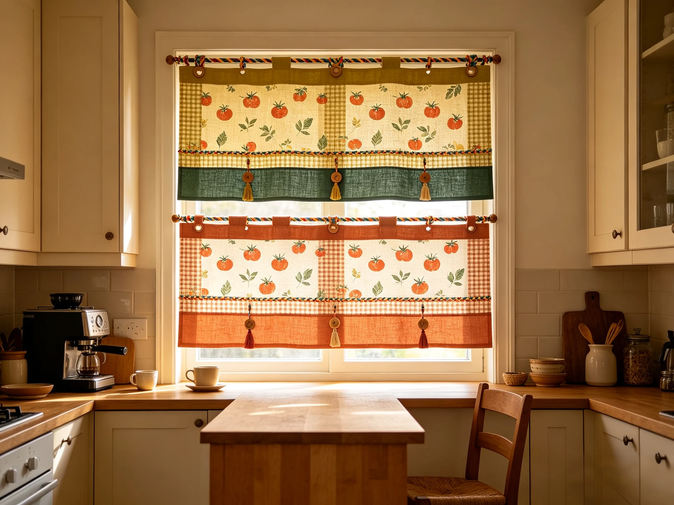 200243   Open Kitchen | Mustard Yellow Waffle Small Fruit and Vegetable Pattern Coffee Shop Curtain+Woven Pendant