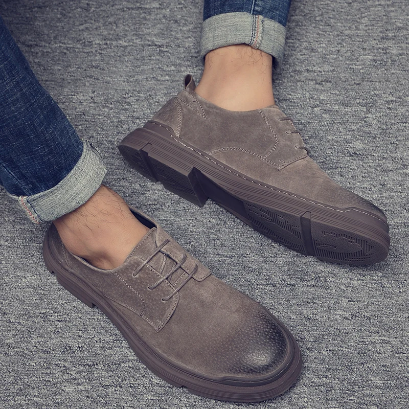 Men Gray Slip on Casual Shoes Fall Office Thick Heels Flats Lace-up Footwear Chaussure Homme