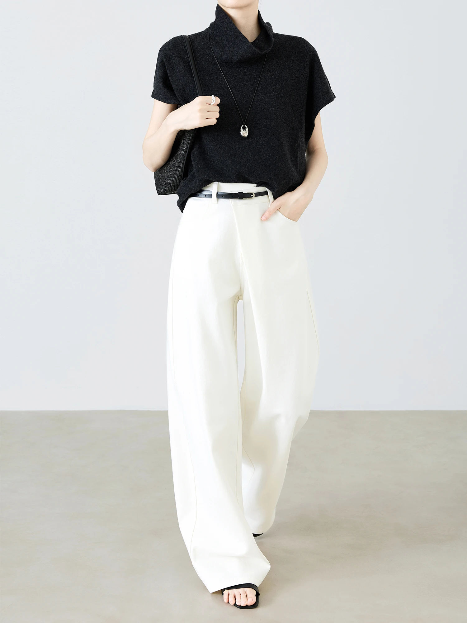 

White Denim High Waist Asymmetric Cotton Wide Leg Pants Cover Hip Slimming Spring Summer New Arrival Women's Jeans