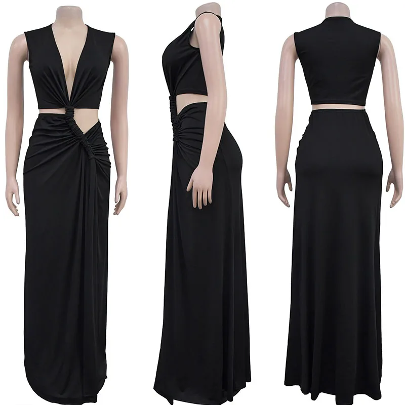 Sexy diepe v-hals ruches maxi-jurk vrouwen elegante mouwloze uitgesneden hoge split nachtclub party zeemeermin lange jurken vestidos