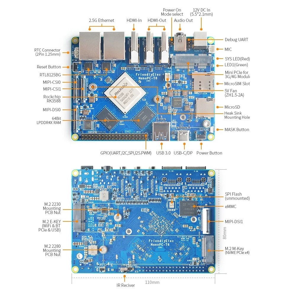 NanoPC-T6 LTS & Combo 4/8/16G DDR RAM+32G/64G eMMC Dual 2.5G Rockchip RK3588 2.5Gbps LAN,OpenWRT Supports 4K Input 8K Android 12