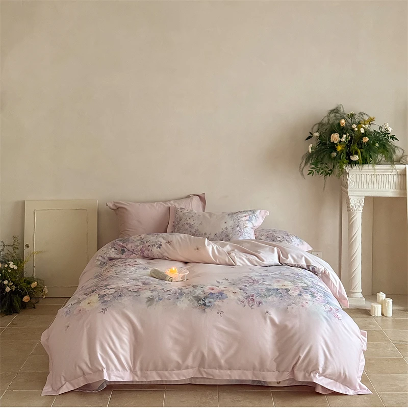 

Lyocell Cotton Brushed Flowers Prints Luxury Bedding Set Digital Printing Duvet Cover Flat/Fitted Bed Sheet Pillowcases 4Pcs