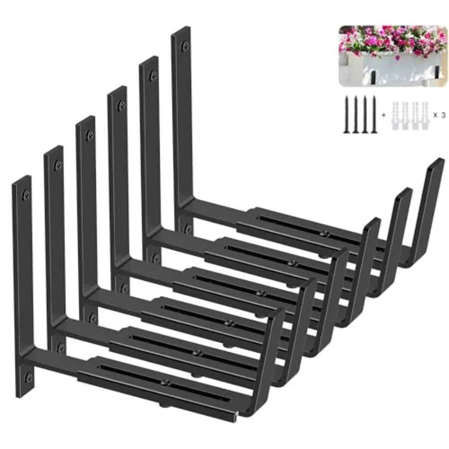 6 Pack Adjustable Planter Box Brackets 6 to 12.5 in,Universal Window Box Brackets, Heavy Duty Iron Flower Box Wall Mounting Hoo