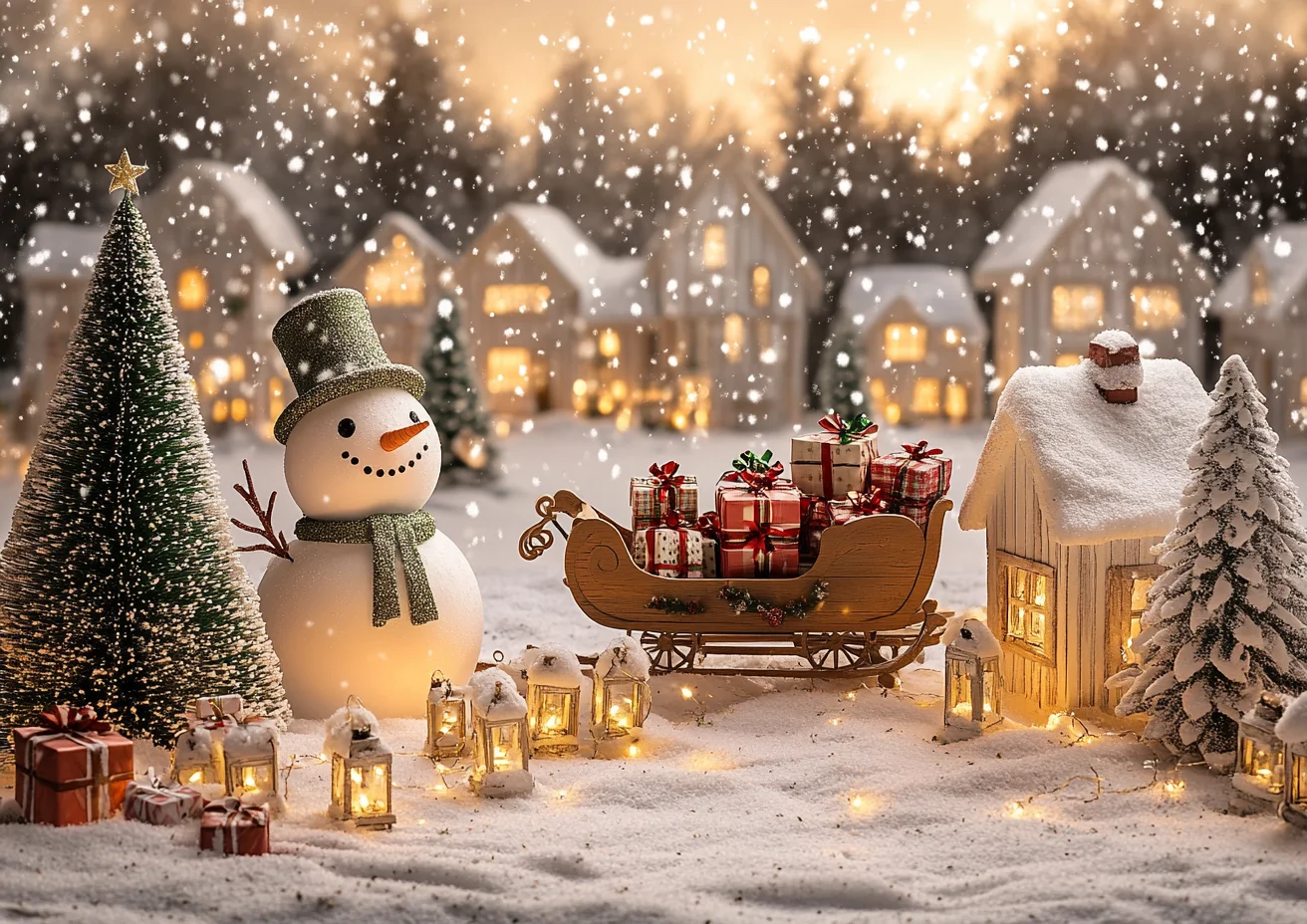 Fondo de fotografía de árboles de Navidad de muñeco de nieve de Navidad pared de madera rústica luces parpadeantes regalos decoración niños retratos telones de fondo