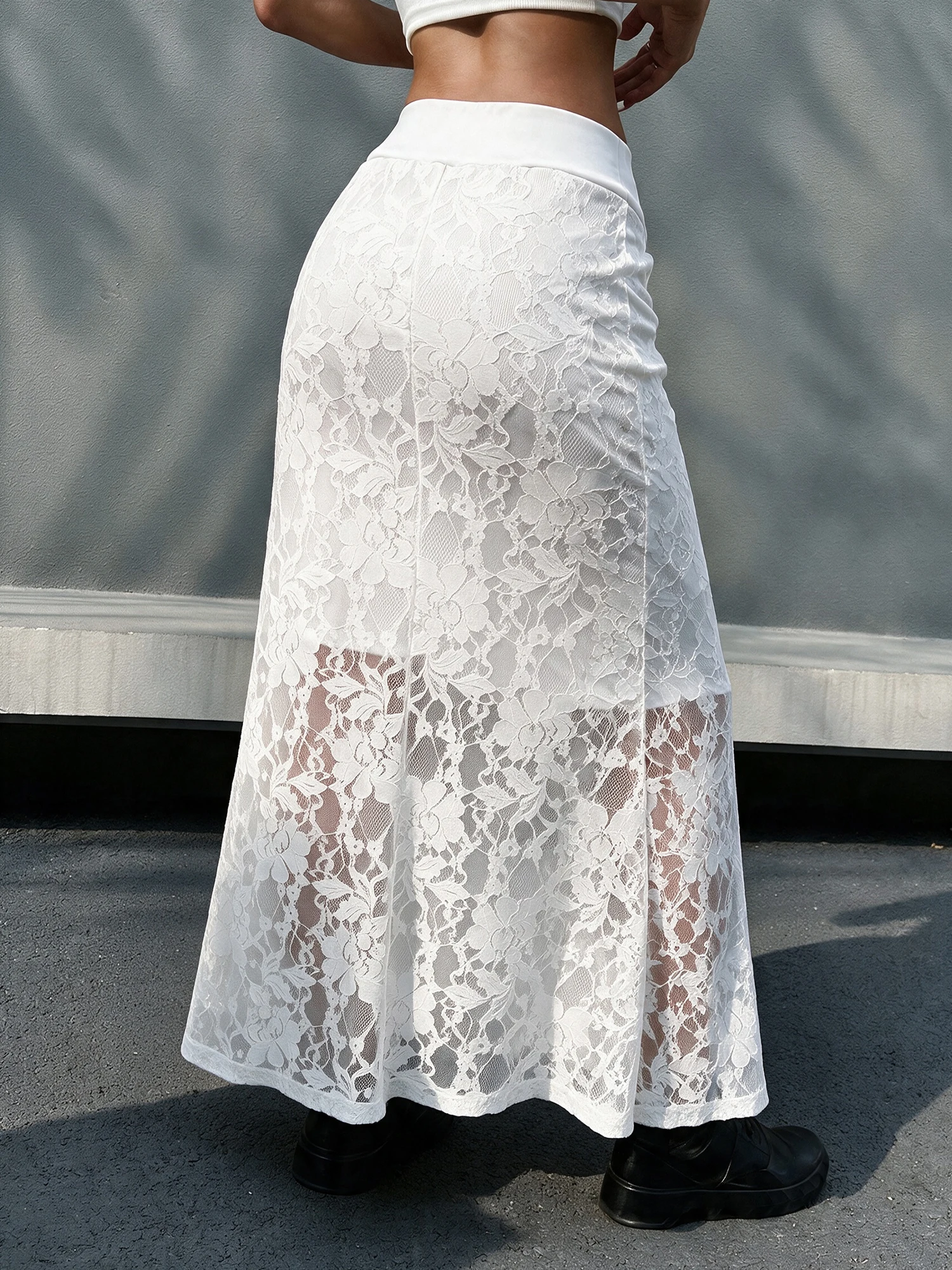Women High Waist Lace Mermaid Fishtail Skirt Semi Transparent Long Midi Skirt for Date