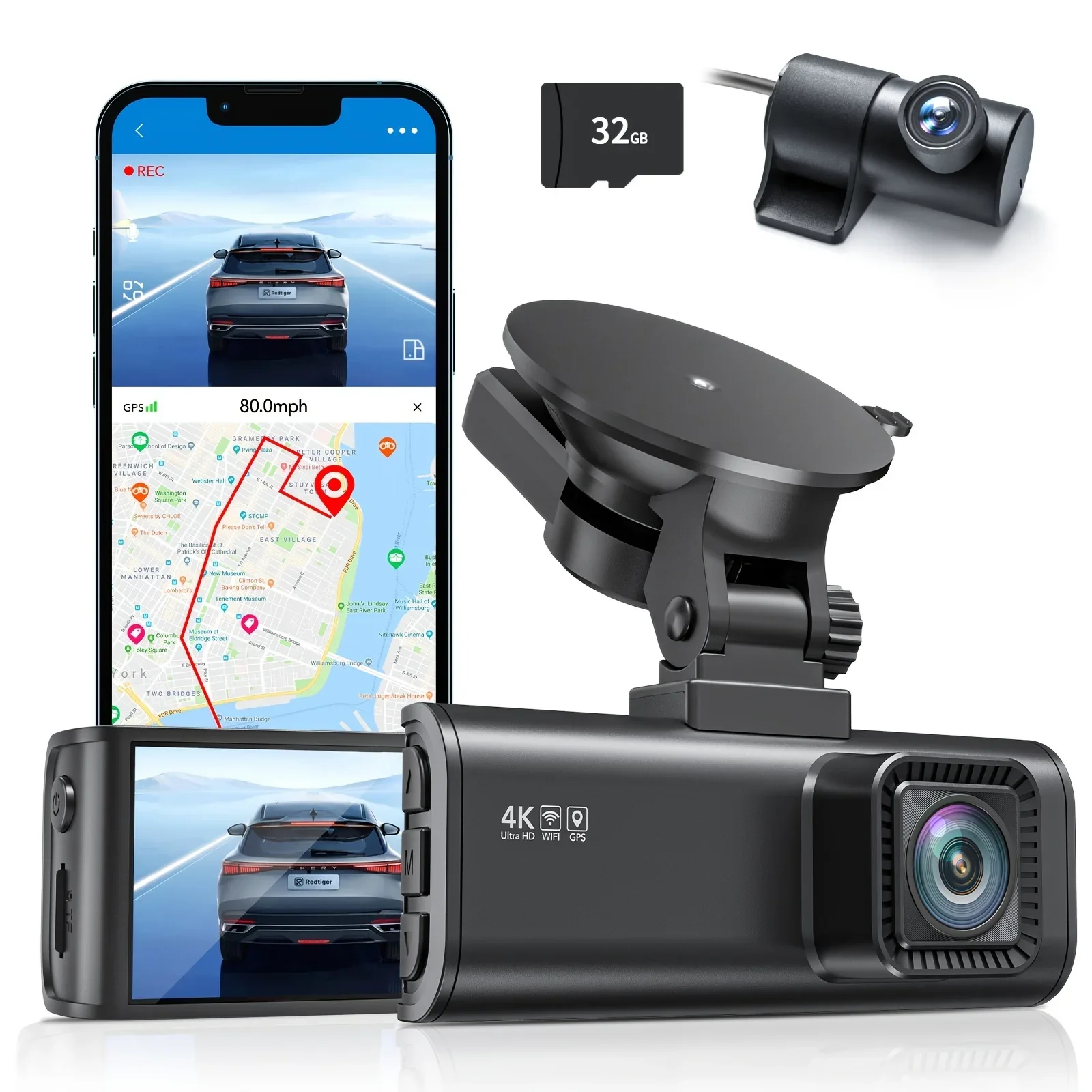 

Redtiger F7NP 170 Large Angle 4k Wireless Front and Rear Dual Camera WIFI Dash Cam for Retailer