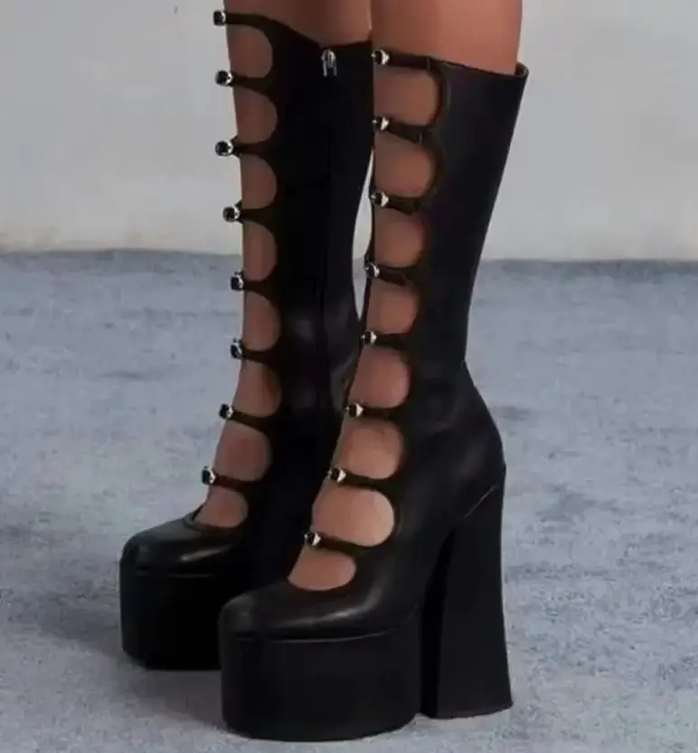 منصة سستة كعب مربع مشبك حزام النساء القطب أحذية الرقص 2025 جديد جوفاء منتصف العجل الأحذية موضة جولة تو أحذية مثيرة #2