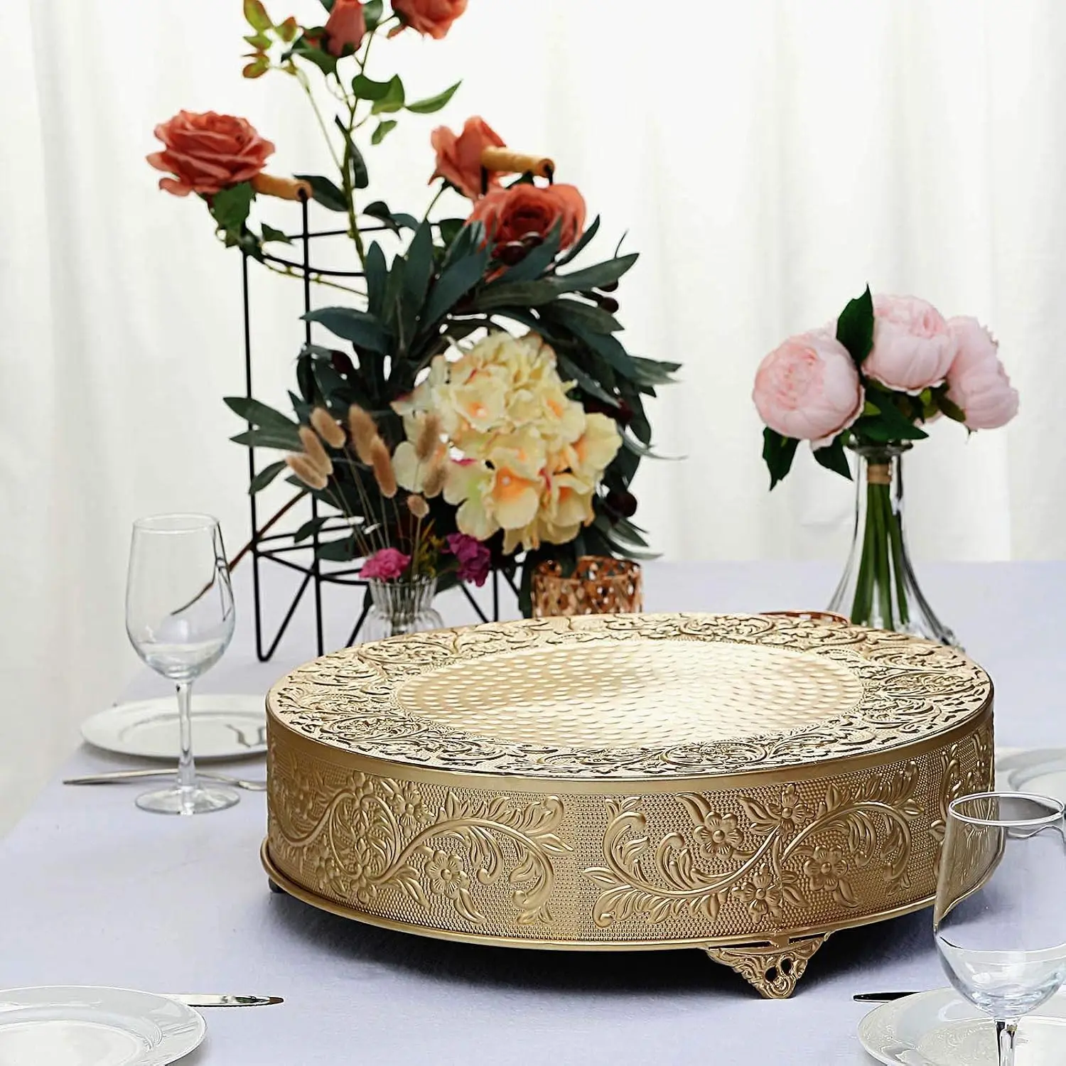 Round Gold Embossed Metal Cake Stand Dessert Display Plateau for Weddings Events – Oven & Dishwasher Safe, Easy Clean Polished Finish