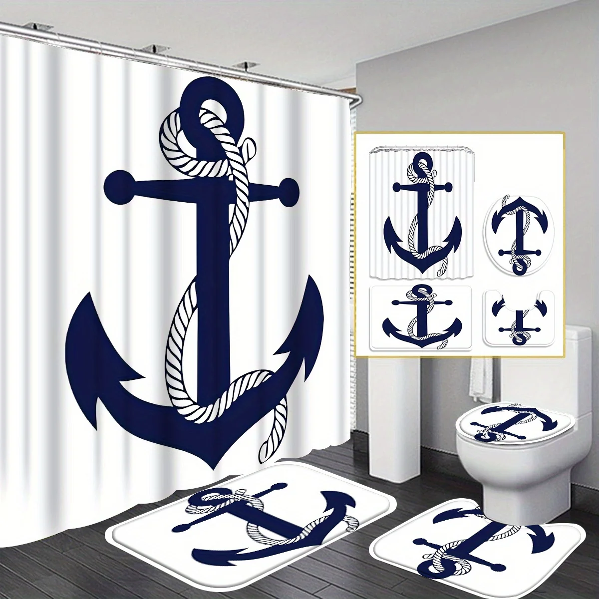 

4-piece bathroom set, shower curtain with hooks, non-slip floor mat, toilet mat, U-shaped mat, polyester fabric