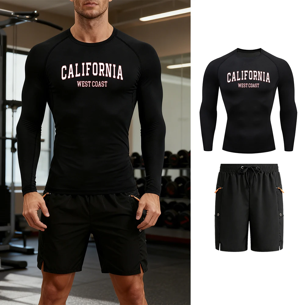 

Men's Athletic Set Compression Long Sleeved Top And Drawstring Shorts Quick Drying And Breathable Perfect For Summer Fitness