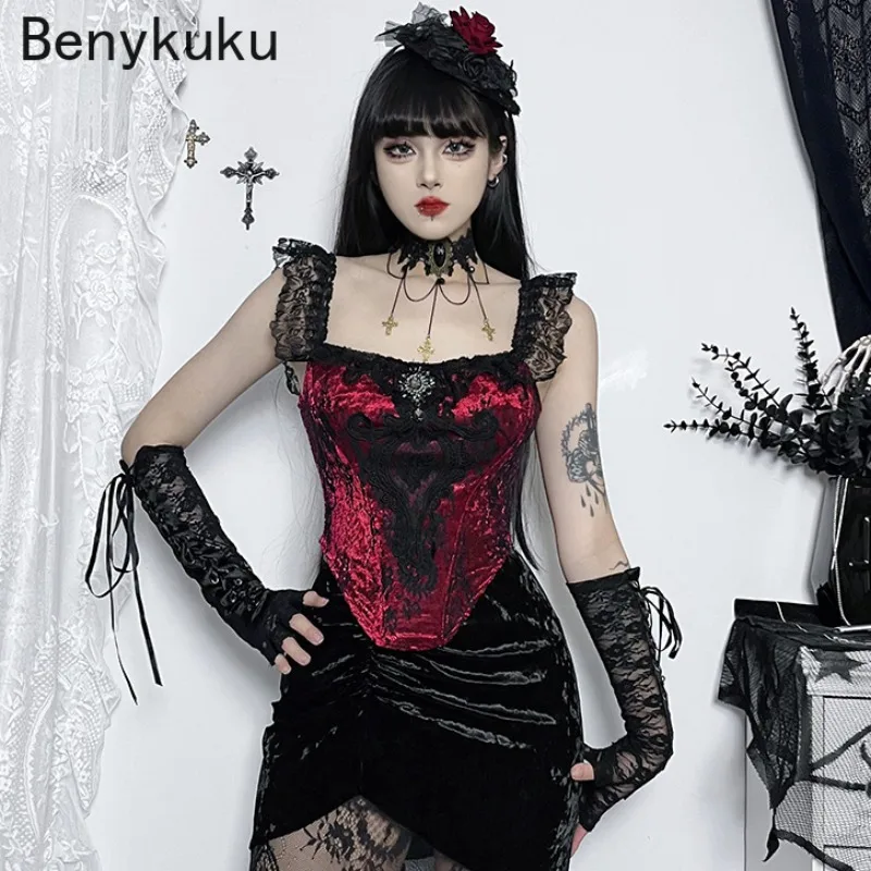 

Gothic Lace Crop Top Aesthetic Harajuku Camis Black Mall Goth Graphic Print Sexy Crop Top Y2K Ruffles Backless Outfit