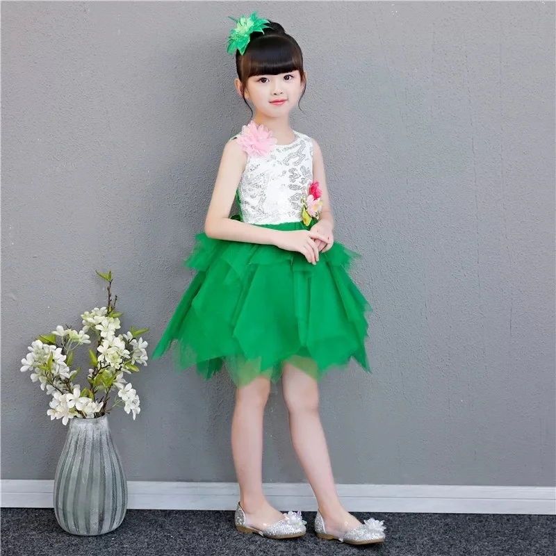 Modern Green Dance Dress for Girls Sequin Lyrical Contemporary Freestyle Grass Flower Dance Costume Girls - view 3