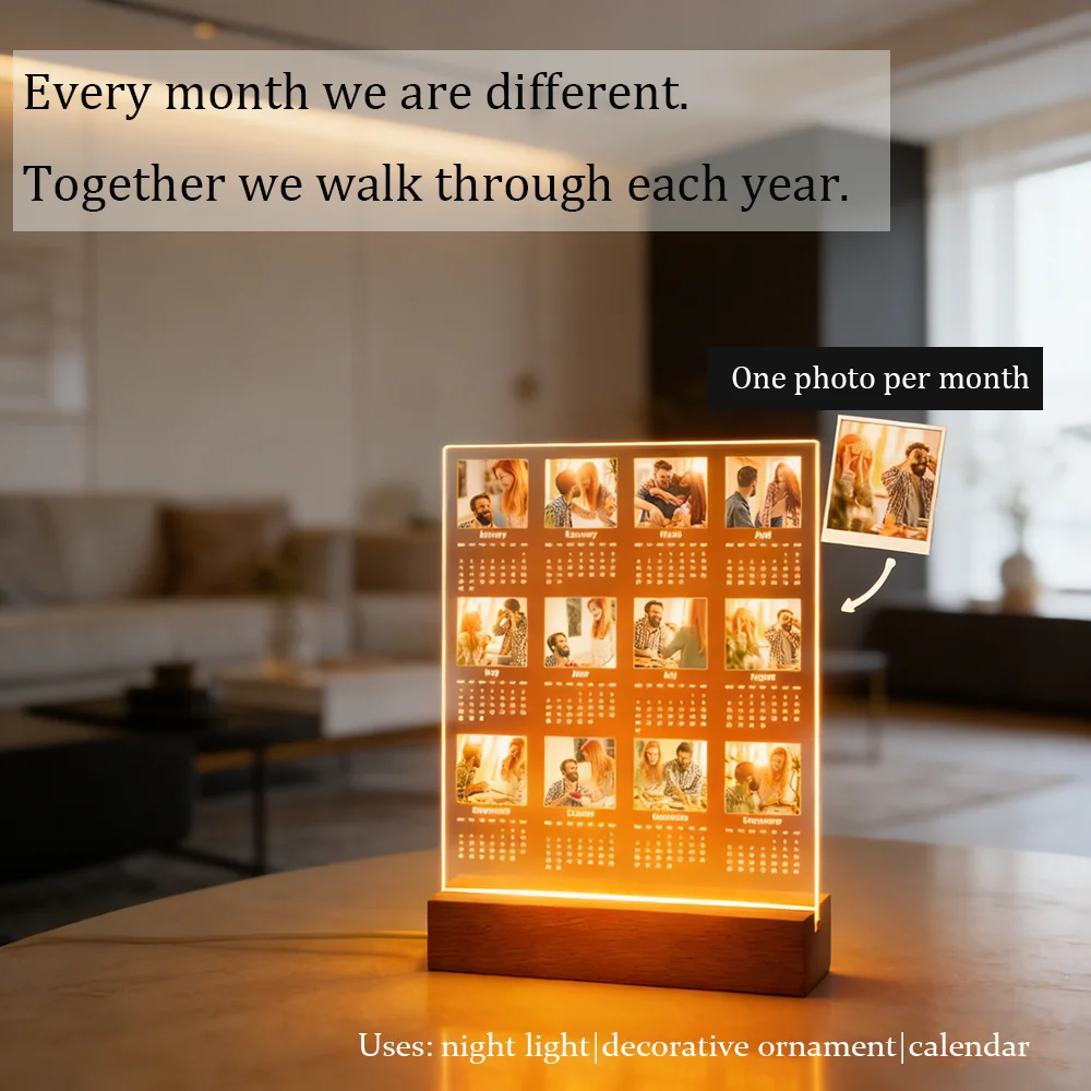 

Valentine Day Personalized Photo Calendar Custom Acrylic Night Light Ornament Wooden Base Couple Romantic Memorial Desktop Decor