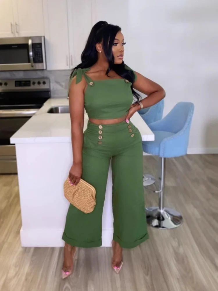 

Wmstar 2025 New Summer Green Pant Set Elgant Commuter Lace Up Slimming Wide Leg Long Pants Solid Color Sleeveless Exposing Navel