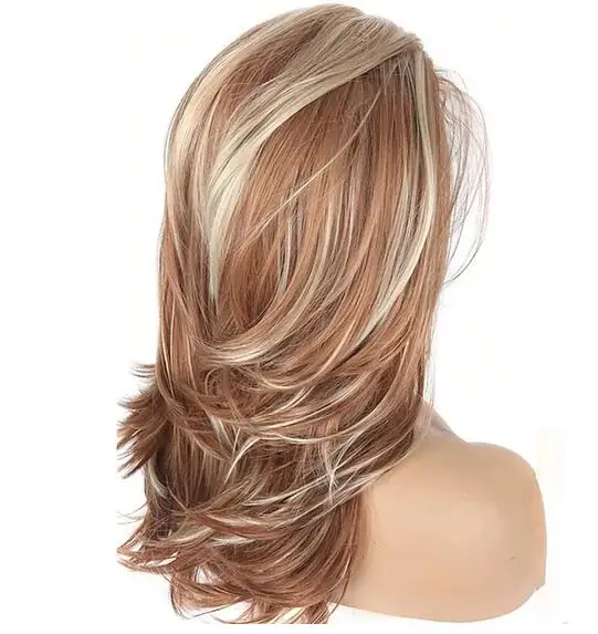 Pelucas de pelo sintético en capas para mujer, pelo largo ondulado con reflejos, fibra resistente al calor, color rubio