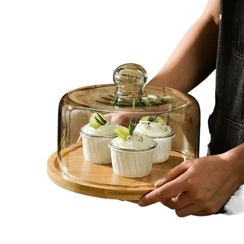 Glass Cake Tray with Dust Proof Transparent Cover for Afternoon Tea Dessert Display Catering Tableware Tasting Plate Elegant