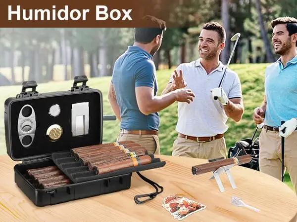 Portable Cigar Humidor Holds 10 Cigars with Cutter, Humidifier, Hygrometer - Travel Cigar Accessories Set for Men view 6
