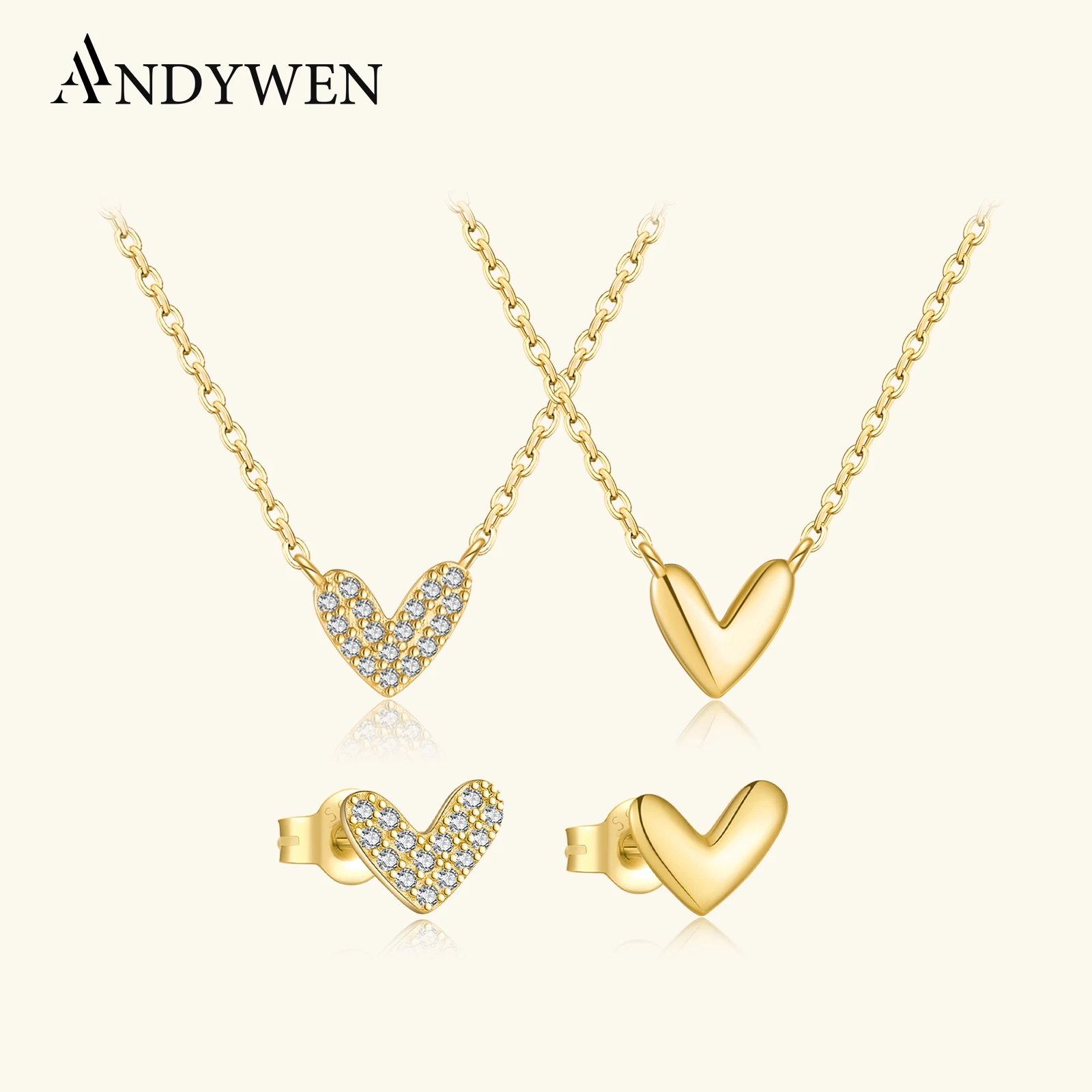 

ANDYWEN 925 Sterling Silver Sparkling Heart Shaped Necklace Earrings Set Cubic Zirconia Dainty 2025 Perfect Gift for Girlfriend