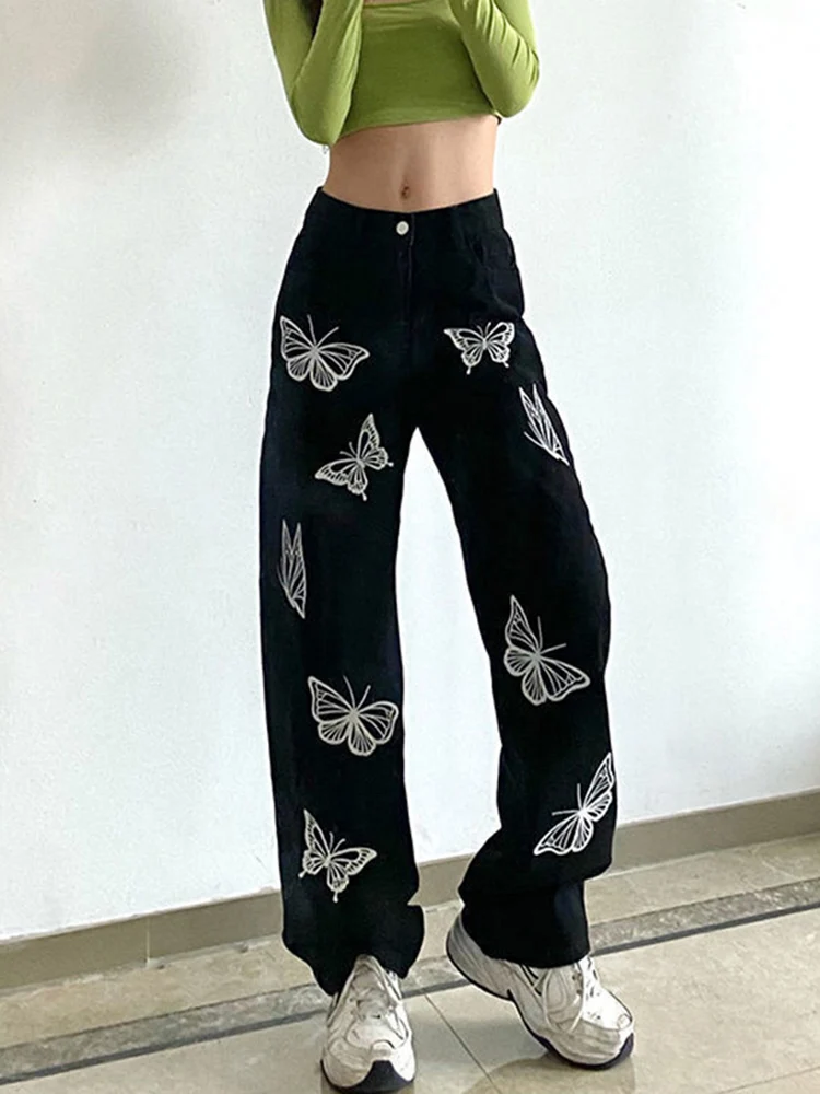 Jmprs Butterfly Print Retro Y2K Jeans Women Streetwear Casual Harajuku Denim Pants Korean Design High Waist Female Black Jeans