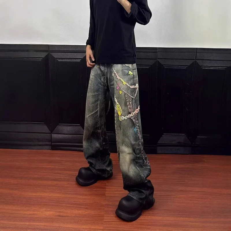 WTHT แฟชั่น 2025 ฤดูร้อนผู้ชาย Spliced CHAIN DO Pld ออกแบบ DENIM กางเกง VINTAGE High Street ตรงกางเกงยีนส์ขากว้างชาย 2A1109