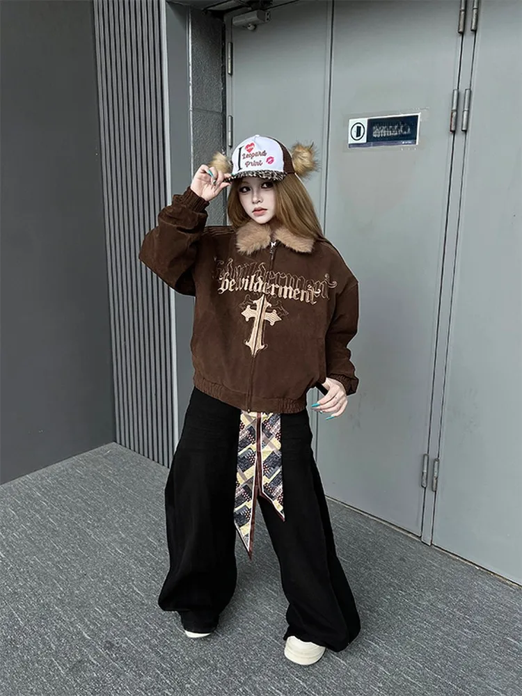 

TR BRUIFT American Gothic Sle Cross Stitched Faux Fur Collar Cotton Jaet Warm Quilted Youth Casual Winter Coat