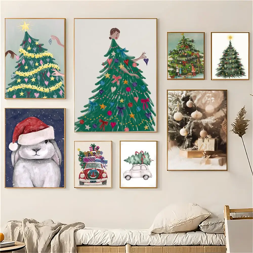 

Happy Christmas Poster Maximalist Classic Vintage Decoracion Painting Wall Art White Kraft Paper Kawaii Room Decor