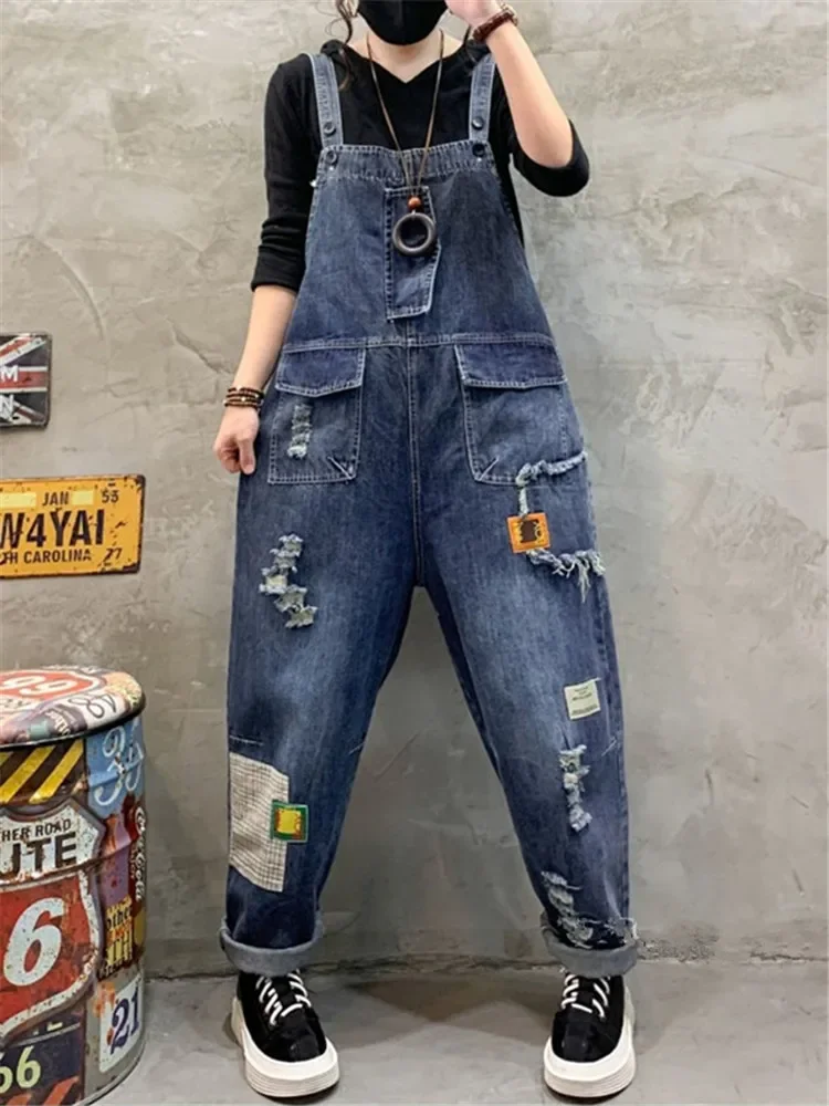 Women Clothes Spring summer Fashion Denim Jumpsuit Vintage Hole Trendy Trousers Wide Leg Dungarees Straps Baggy Suspender Jeans