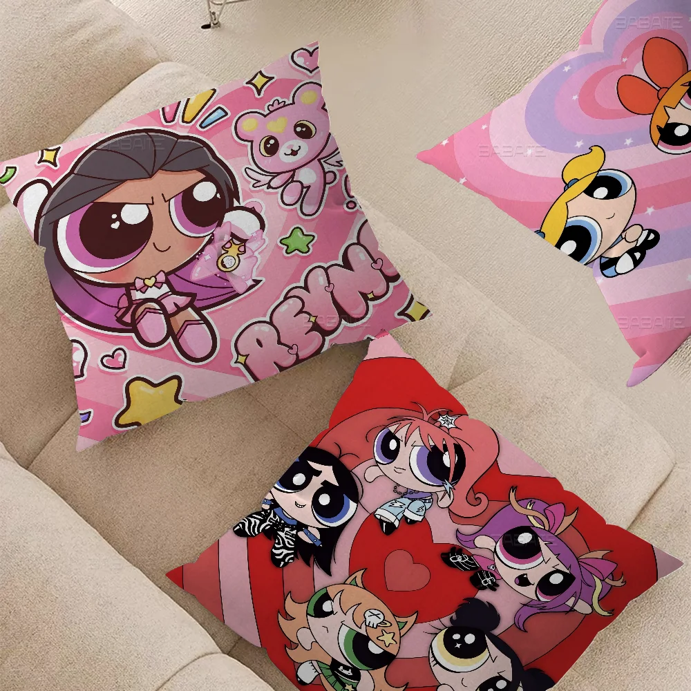 Cute Powerpuff-Girls Pattern Cartoon Cushion Cover Inches Farmhouse Decor Home Throw Pillow Covers for Couch Decorations