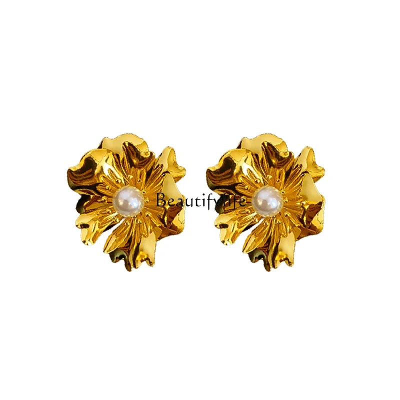 Gold flower pearl big stud earrings high-end sense light luxury unique temperament earrings