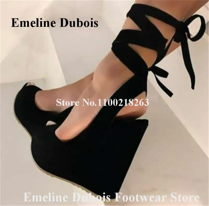 Black Red Suede Wedge Pumps Emeline Dubois Peep Toe High Platform Straps Cross Wedges Chamring Bands Lace-up Dress Heels