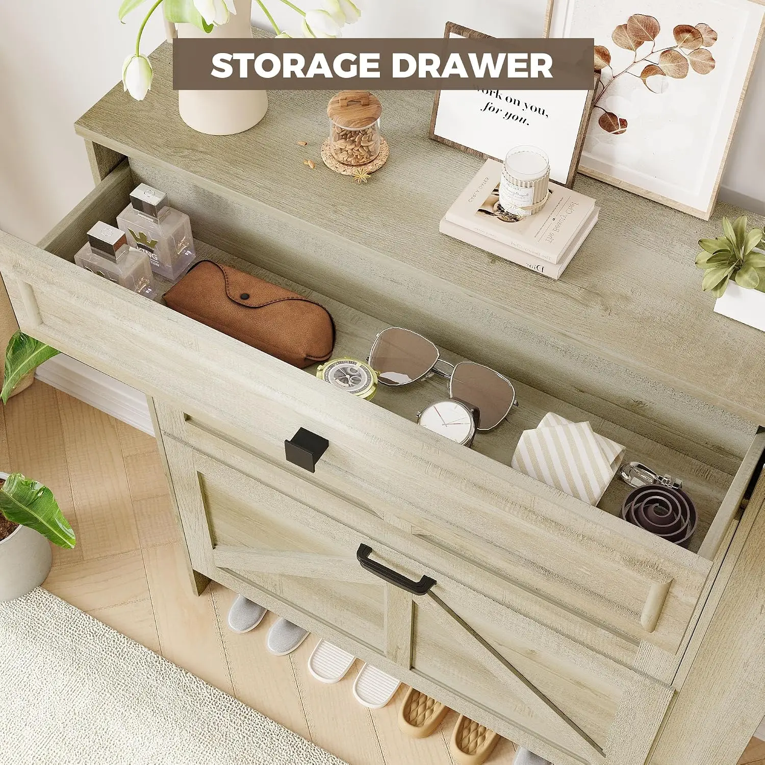 Shoe Cabinet with Flip Drawers & Barn Door, Freestanding Organizer with Shelves for Entryway, Farmhouse Rack, Maple, Customized