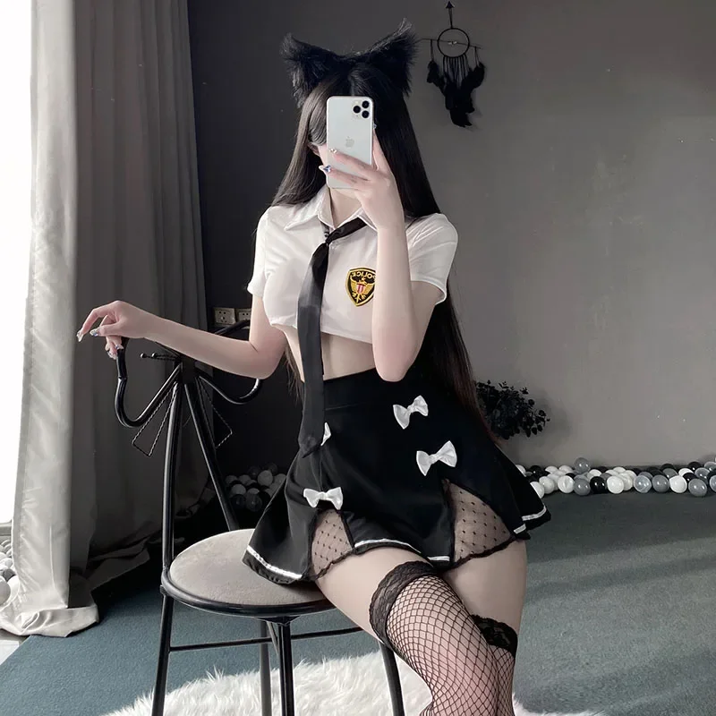 Seksowna bielizna Lady Police Officer Uniform Short Shirt Skirt Mesh Suit Set Exotic Costumes Cosplay Night Club Wear Women Girls